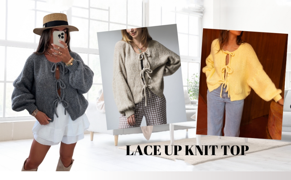 Bow Tie Front Cardigan Sweaters for Women Long Puff Sleeve Knit Cardigan Sweaters Open Front