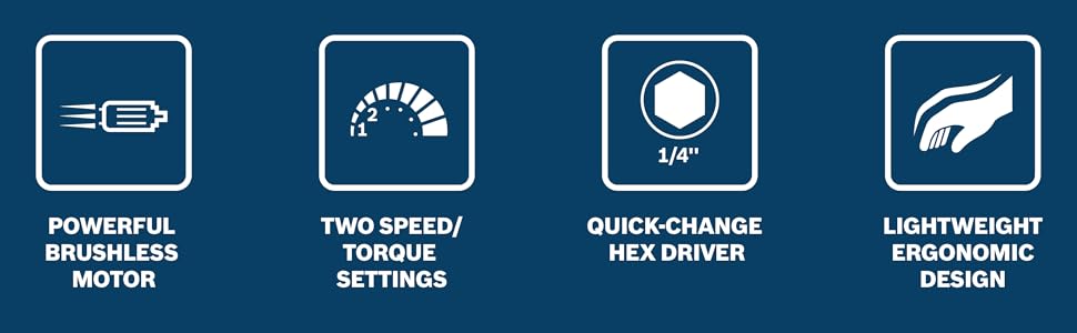 powerful brushless motor two speed torque settings quick change hex driver lightweight ergonomic