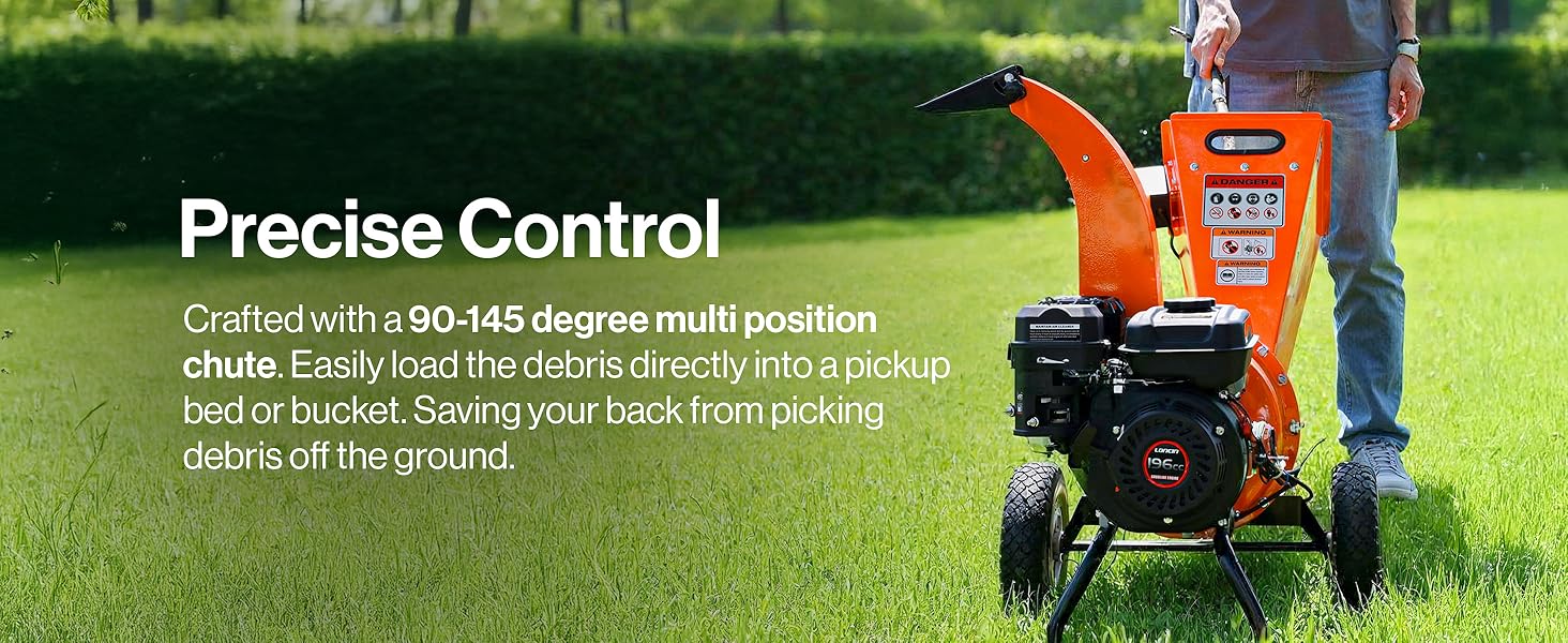 Text reads 'Image 5' and 'Precise Control'. 'Control with 3 60-165 degree multi position chute'. Orange lawn equipment shown in outdoor grass setting.