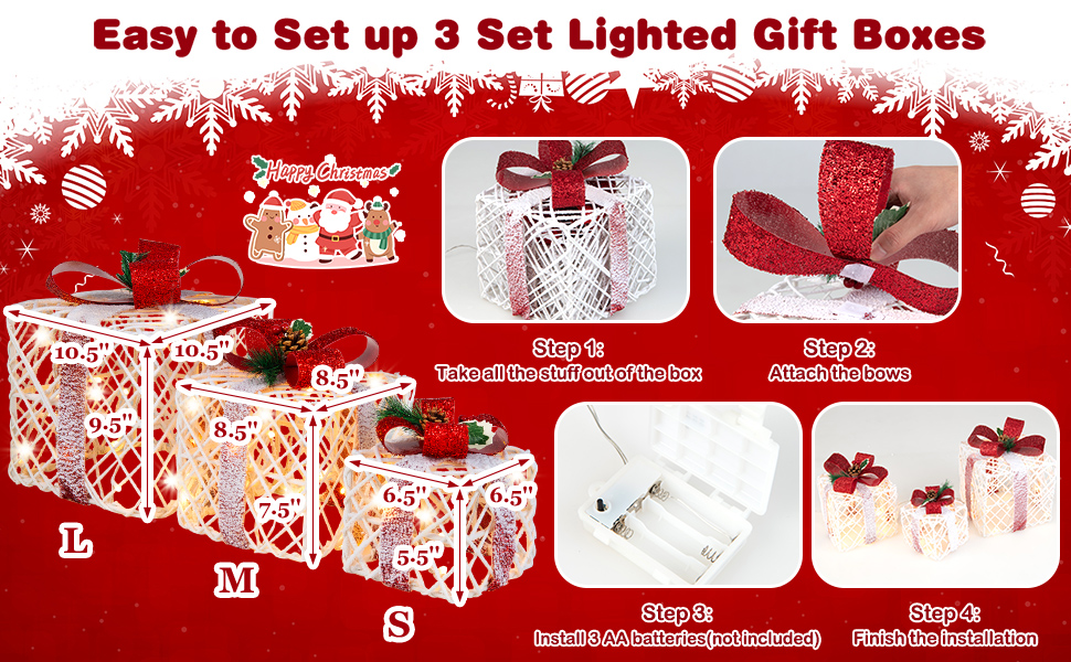Goplus Set of 3 Christmas Lighted Gift Boxes Decorations