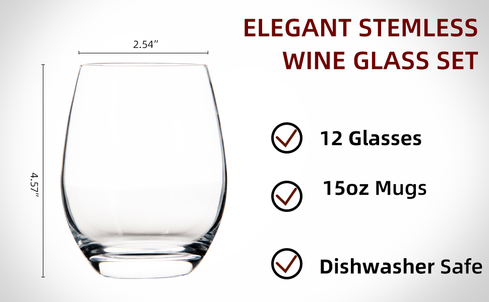 HAKEEMI Set of 12 Stemless Wine Glasses for Red White Wine