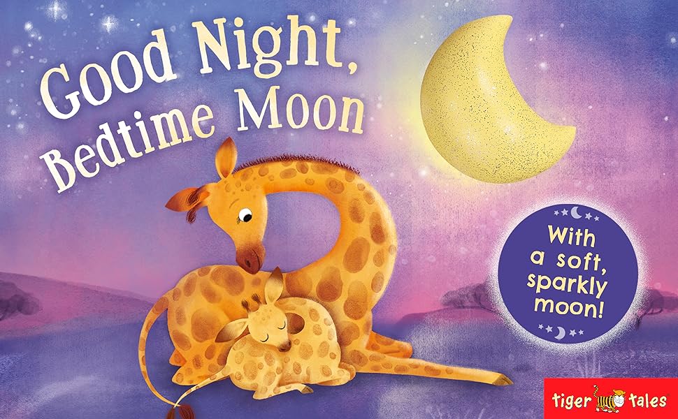 Mommy and baby giraffe settling down at night with squishy moon in the sky