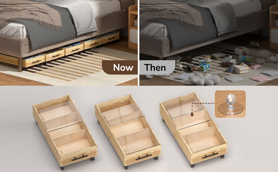 1Pack Solid Wood Under Bed Storage Drawer with Lids