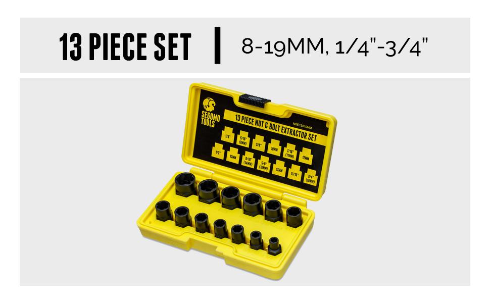 Segomo Tools 13 Piece Lug Nut and Bolt Extractor Removal Metric and SAE