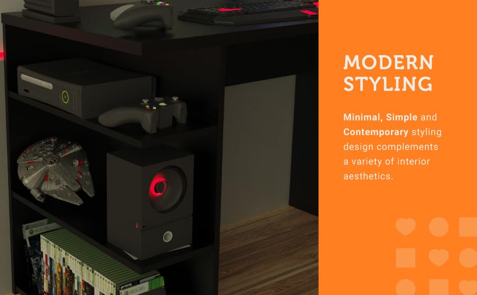 Madesa Gaming Computer Table and Office Desk with 5 Shelves and Cable Management, Wood