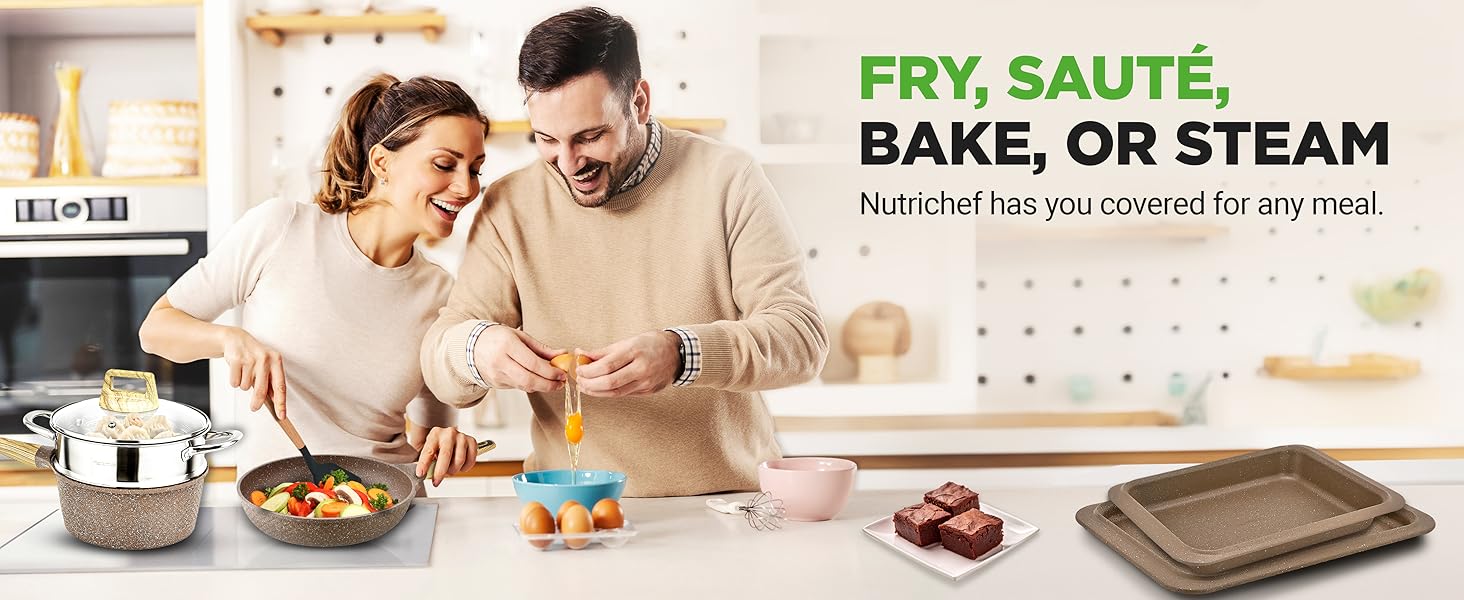 wood grain cool touch handles nonstick marble frying pan casserole pot ergonomic design