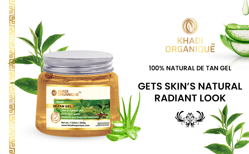 Khadi organic de-tan Aloe Vera gel with gel drugs, green tea and algae to lighten sun tan, dark spots and acne. Deep Hydrating Tan and Dulneness Removal Aloe Vera Jail | Best for all types of all types - 200 grams De tan aloe vera gel 1