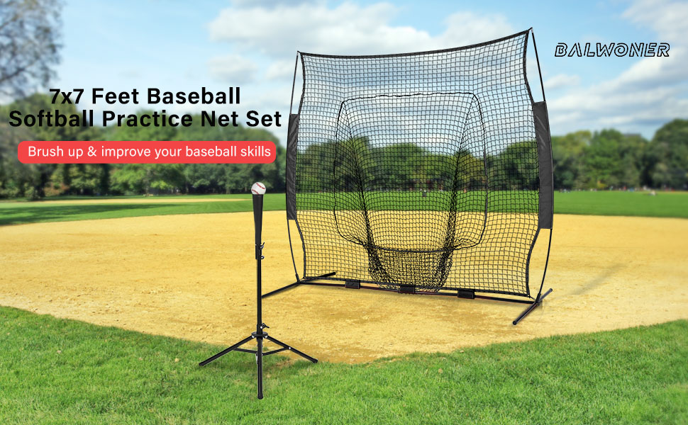 BALWONER 7 x 7 ft Baseball Softball Practice Net Set with Tee and Carry