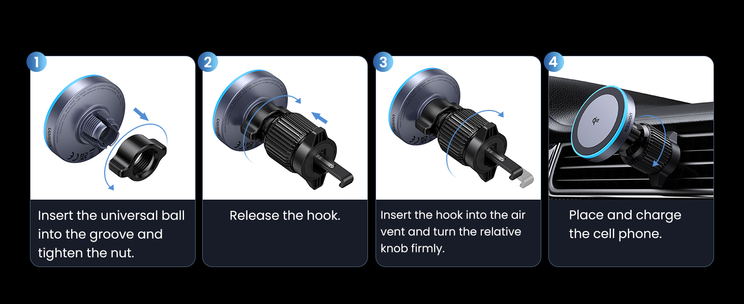Car phone holder installation guide. Four-step process showing insertion, adjustment, and phone placement on vehicle air vent.