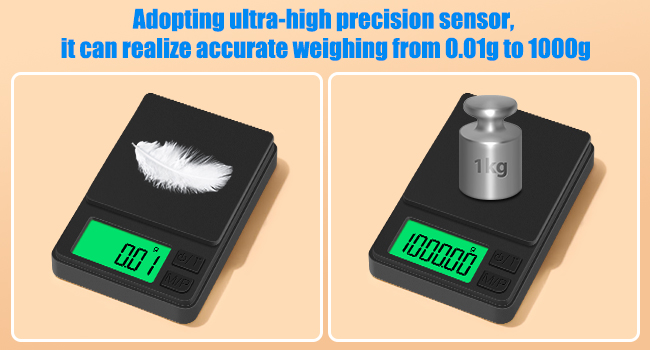 Digital precision scale with LCD display demonstrating weight measurement capabilities from 0.01g to 1000g, shown weighing a feather and metal weight.