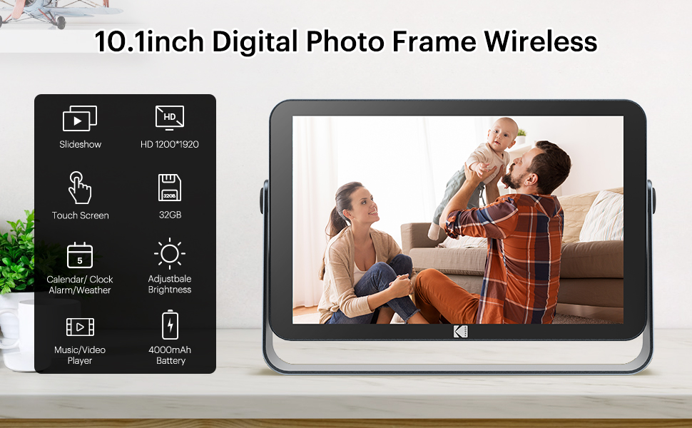 Digital Photo Frame 10 inch WiFi, KODAK Wireless Digital Picture Frame with Rechargeable Battery