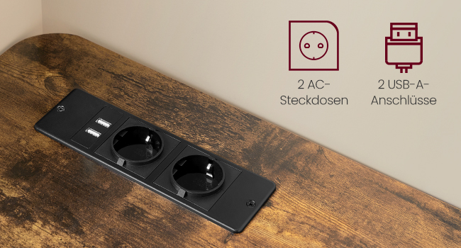 Černý prodlužovací kabel se dvěma zásuvkami a dvěma USB porty, připevněný na dřevěném povrchu. Symboly představují dvě zásuvky a dva USB-A porty.