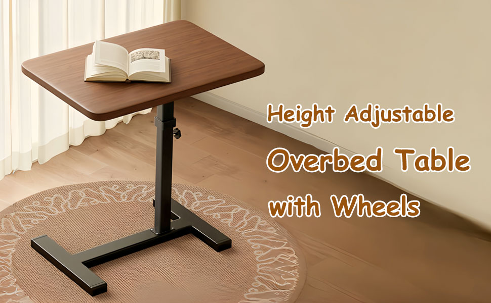 Overbed Table with Swivel Hidden Wheels, Adjustable Height