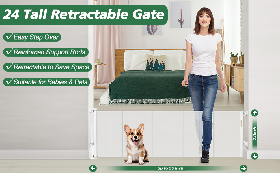 24 Inch Tall Retractable Baby Gates, Short Dog Gates to Step Over, Expands 055