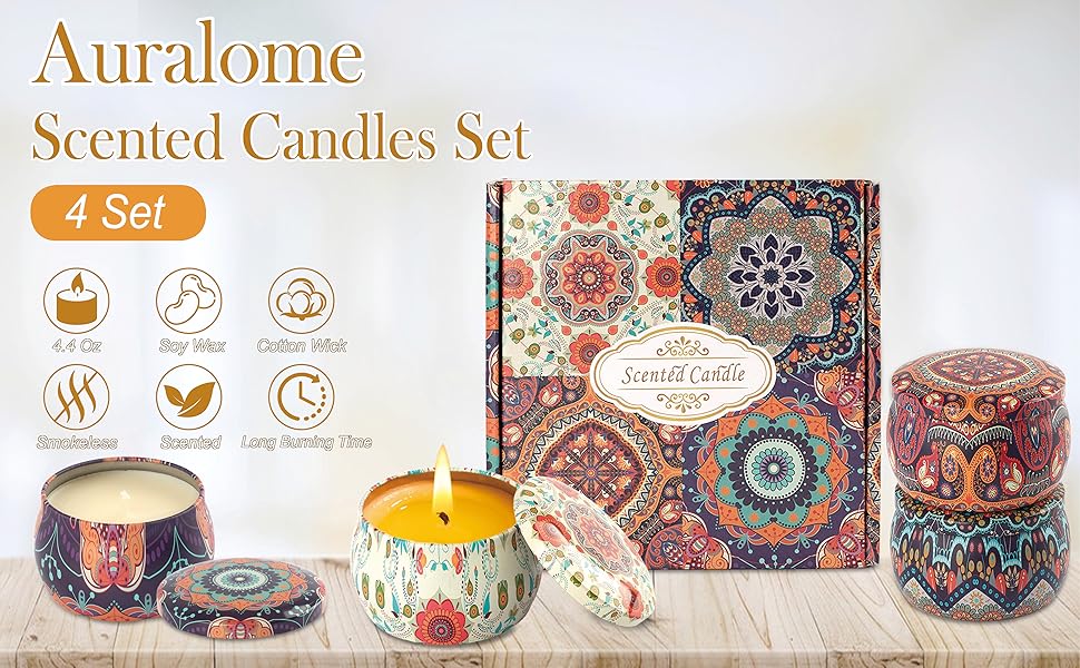 Text reads 'AuraHome Scented Candles Set'. Product display of decorative candles in ornate holders with patterned designs, shown from multiple angles on light background.