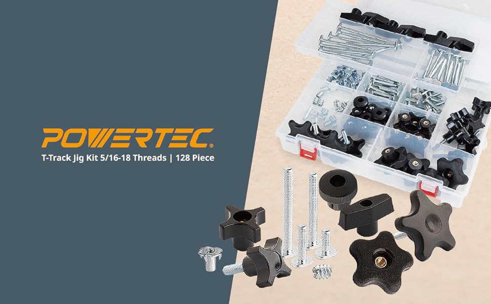 POWERTEC 71128 Jig and Fixture TTrack Hardware Kit w/Knobs and 5/1618