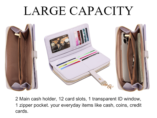 Text reads 'LARGE CAPACITY'. Multiple views of a wallet showing card slots, cash holders, zipper pocket, and ID window compartments. Features '2 Main cash holder, 12 card slots, 1 transparent ID window'.