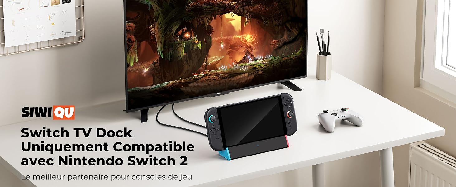 pour Nintendo Switch montrant la compatibilité des consoles, avec écran de jeu et fonctionnalité de recharge dans un environnement home cinéma