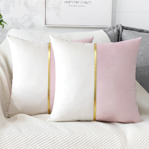 Artscope Pink White Velvet Cushion Covers with Gold Leather Patchwork Luxury Modern Minimalist Square Pillowcase Throw Pillow Covers for Living Room Bed Couch Sofa 45x45cm Set of 2 23 Set of 2 Cushion Cover for Luxury Modern Minimalist Gold Leather Stitching Wavy Stripes