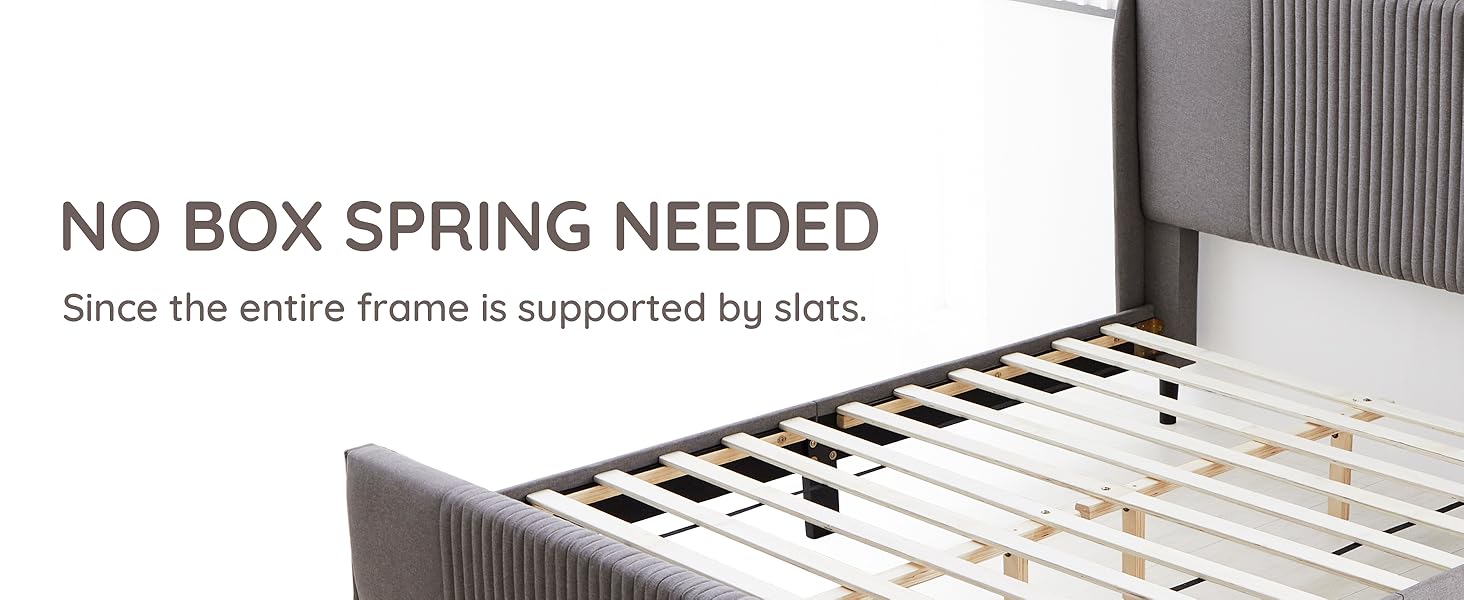 Bed Frame Fabric Upholstered Vertical Channel Tufted Wingback Headboard Footboard Strong Wood Slats