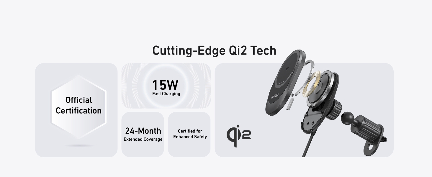 Technical product specifications showing 15W charging capability and 24-month warranty, with exploded view of electronic device components.