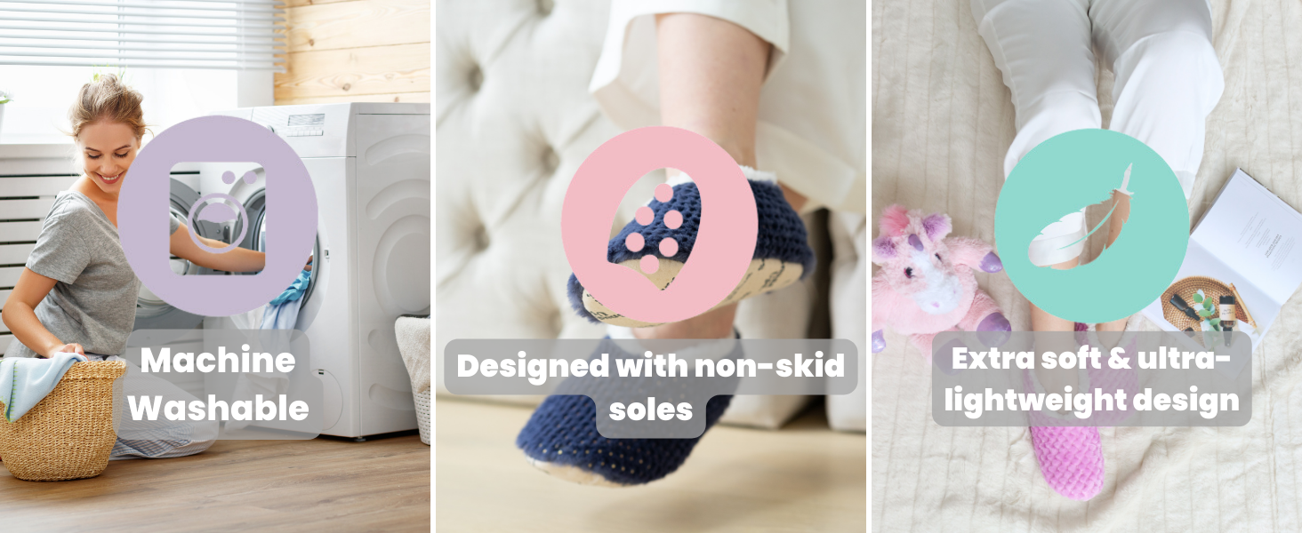 Three-panel image showcasing slipper features: machine washable, non-skid soles, and soft, lightweight design. Pastel-colored graphics with text.