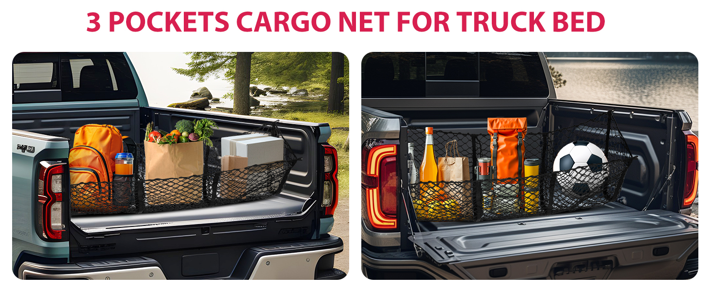 DEERMOTO Cargo Net 3 Pockets for Truck Bed Stretchable SUV