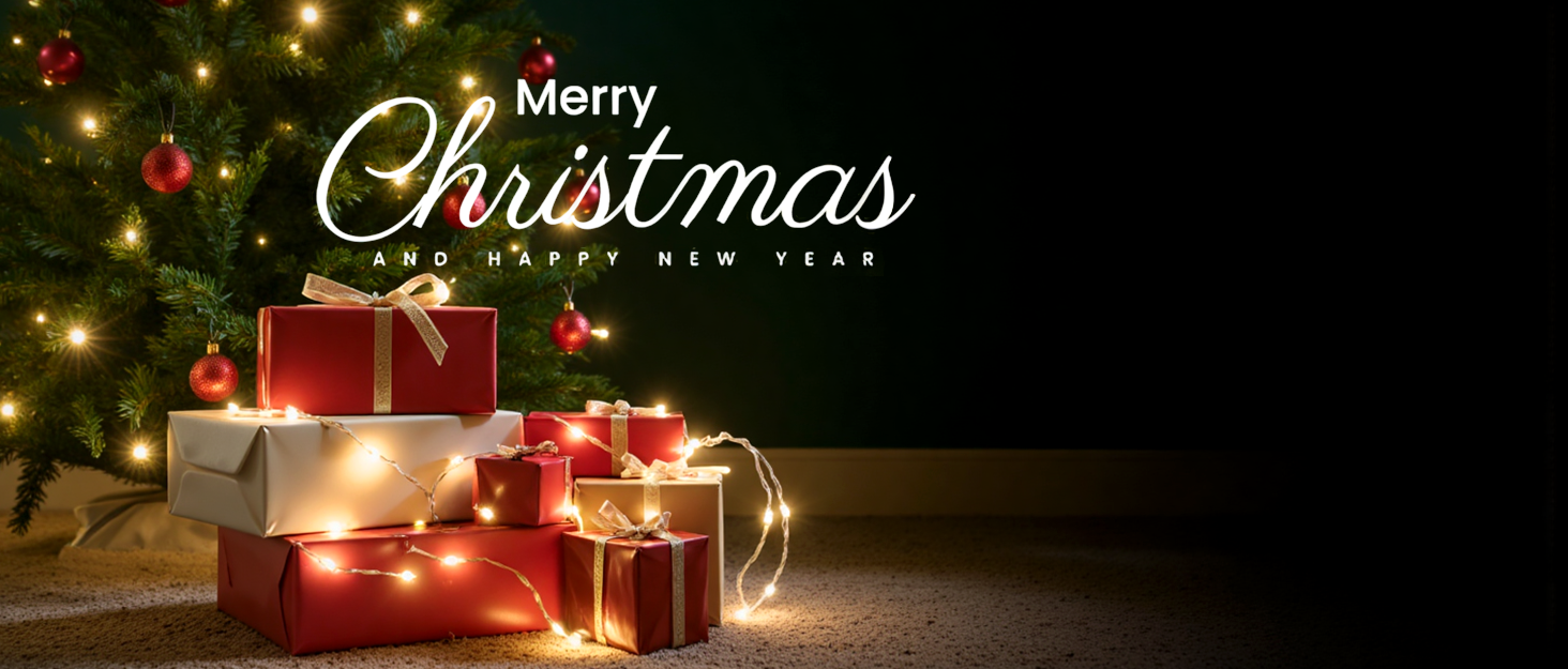 Text reads 'Merry Christmas'. Holiday scene with wrapped red and silver gift boxes arranged under lit Christmas tree with bokeh lights in background.