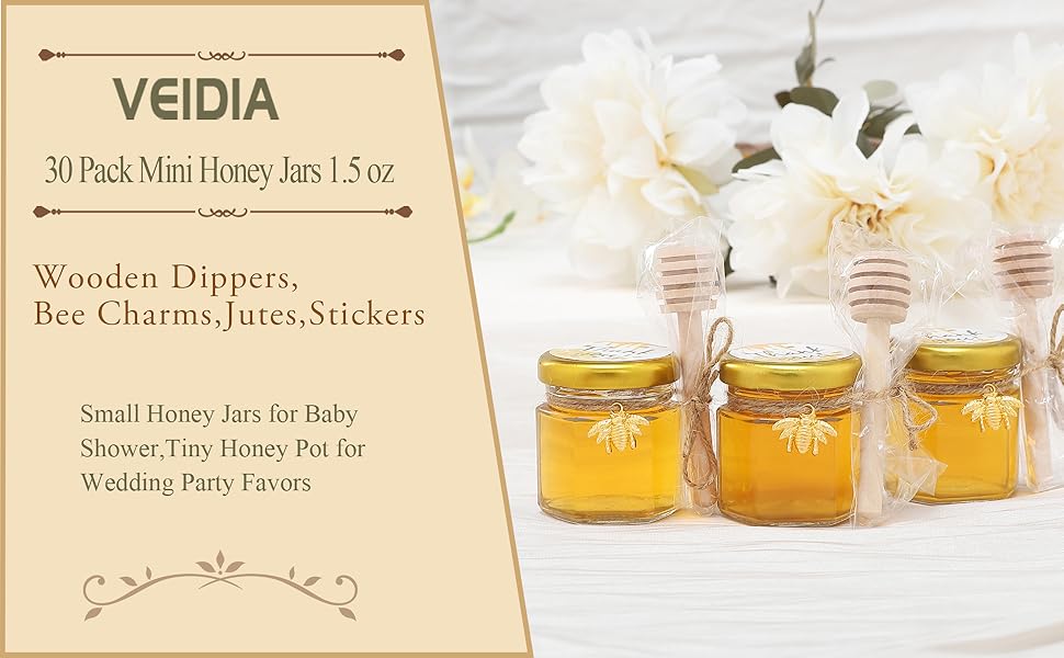 VEIDIA 30 Pack Mini 1.5 oz Glass Honey Jars with Gold Lids