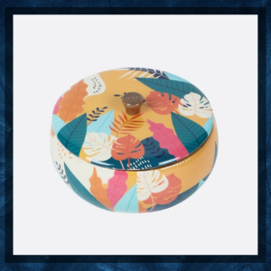 Caixa decorativa circular com design abstrato colorido com formas e padrões em laranja, azul e branco. Apresentação de arte emoldurada.