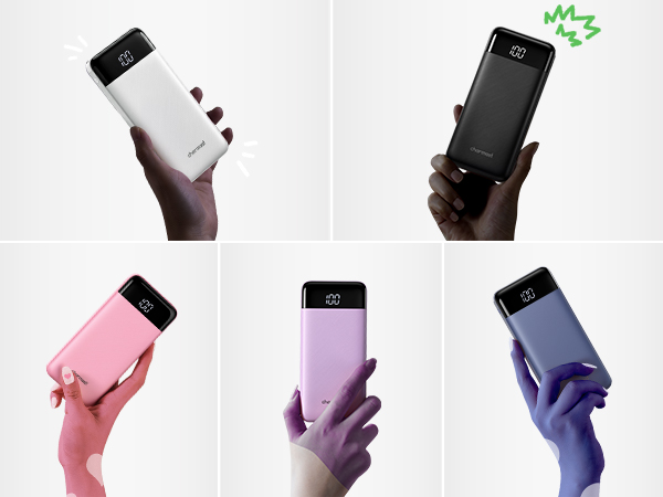 Compact portable device shown in various colors including white, black, pink, purple, and blue. Multiple hands demonstrating how the device is held and its compact size.