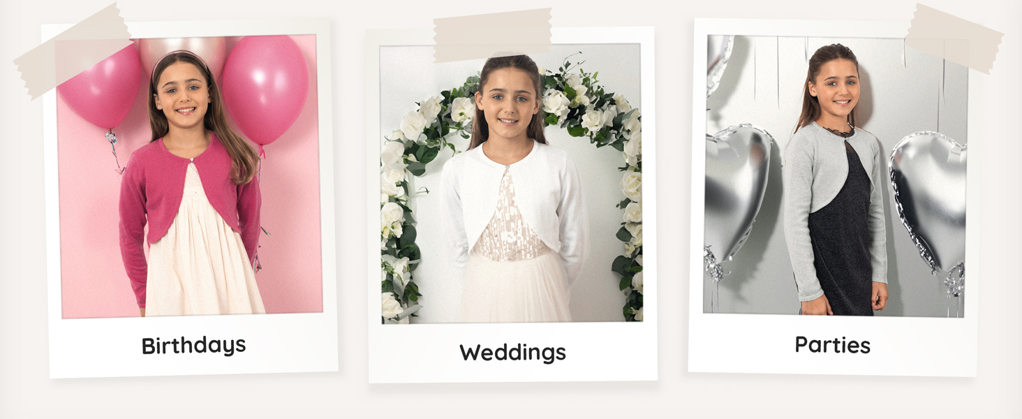 Three-panel image showcasing a white dress with bolero jacket for different occasions: 'Birthdays', 'Weddings', and 'Parties', as labeled.