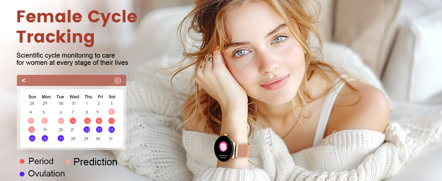 Smartwatch displaying menstrual cycle tracking calendar next to woman in white sweater. Calendar shows color-coded days for period, ovulation, and predictions.