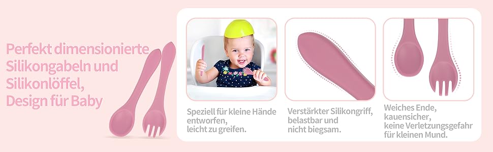 Silikongabeln und Silikonlöffel mit verstärktem Silikongriff und weichen Ende