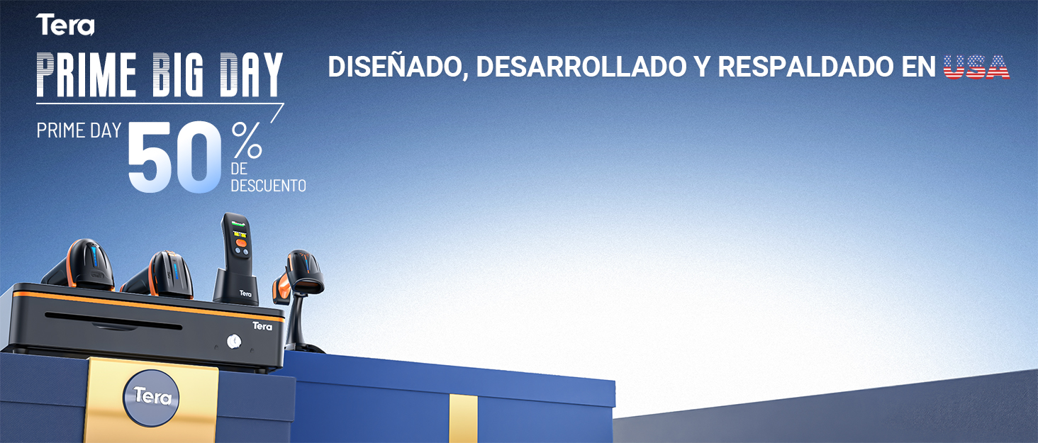 El texto dice: «PRIME BIG DAY» y «DISEÑADO, DESARROLLADO Y respaldado EN USA» y «HASTA 50%». Banner promocional azul con texto blanco.