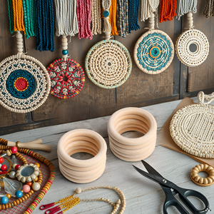 A wooden table with a variety of craft supplies scattered on it, including spools of colorful thread
