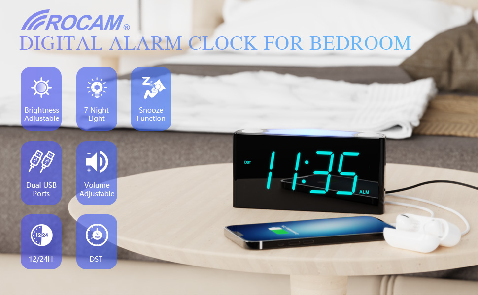 Rocam Digital Alarm Clock for Bedrooms Large 7.5" LED