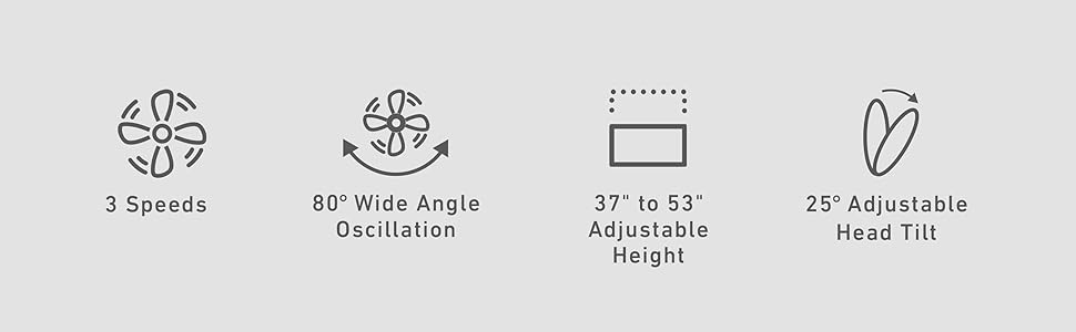 3 Speeds; Wide Angle 80° Oscillation; Adjustable Height 37" to 53"; Adjustable 25° Head Tilt