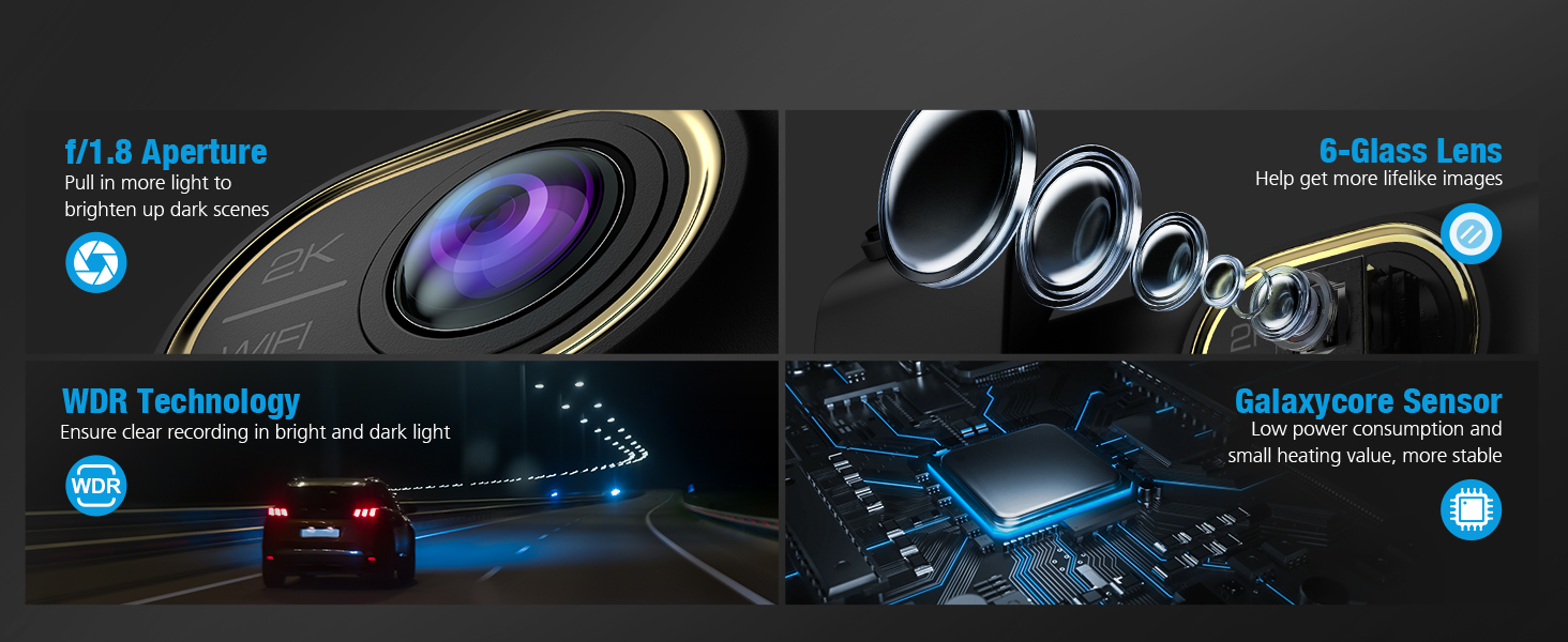 Sarmert 2K Front Dash cam Builtin WiFi, 150°Car Camera with Night