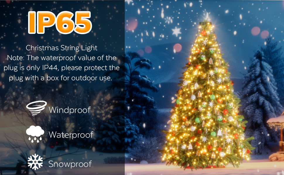 Illuminated Christmas tree with warm yellow lights in snowy scene. IP65 waterproof rating icons showing windproof, waterproof, and snowproof features.