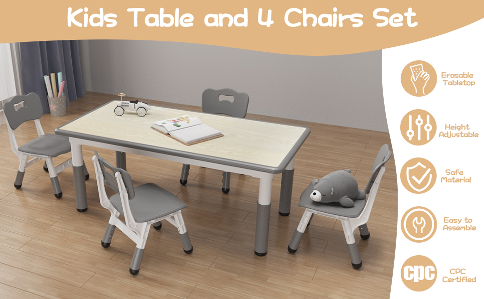 Kids Table and Chair Set, Height Adjustable Toddler Table and 4 Chairs Set for Ages