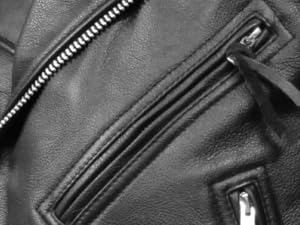 mens black leather jacket zippered slash and chest pockets