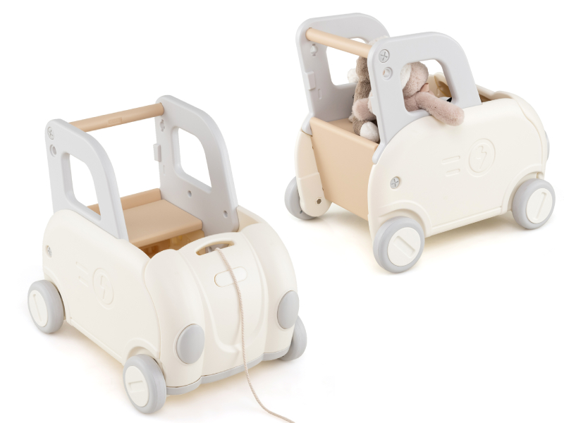 Series of white wooden toy cars shown from multiple angles, featuring minimalist design with rounded edges and natural wood accents.