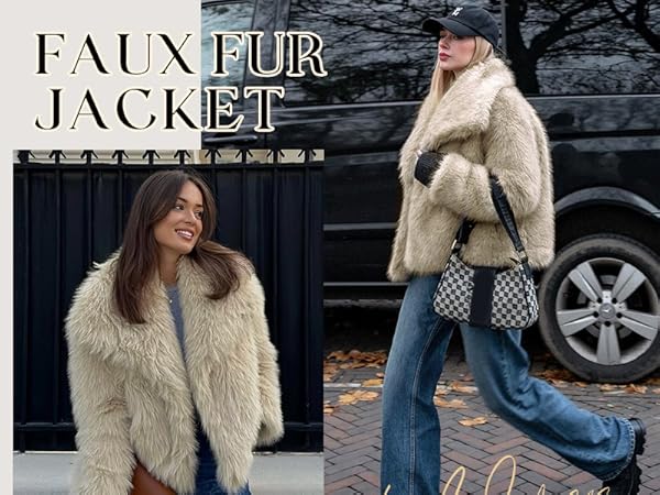 Yimoon Women's Cropped Faux Fur Jacket Lapel Open Front
