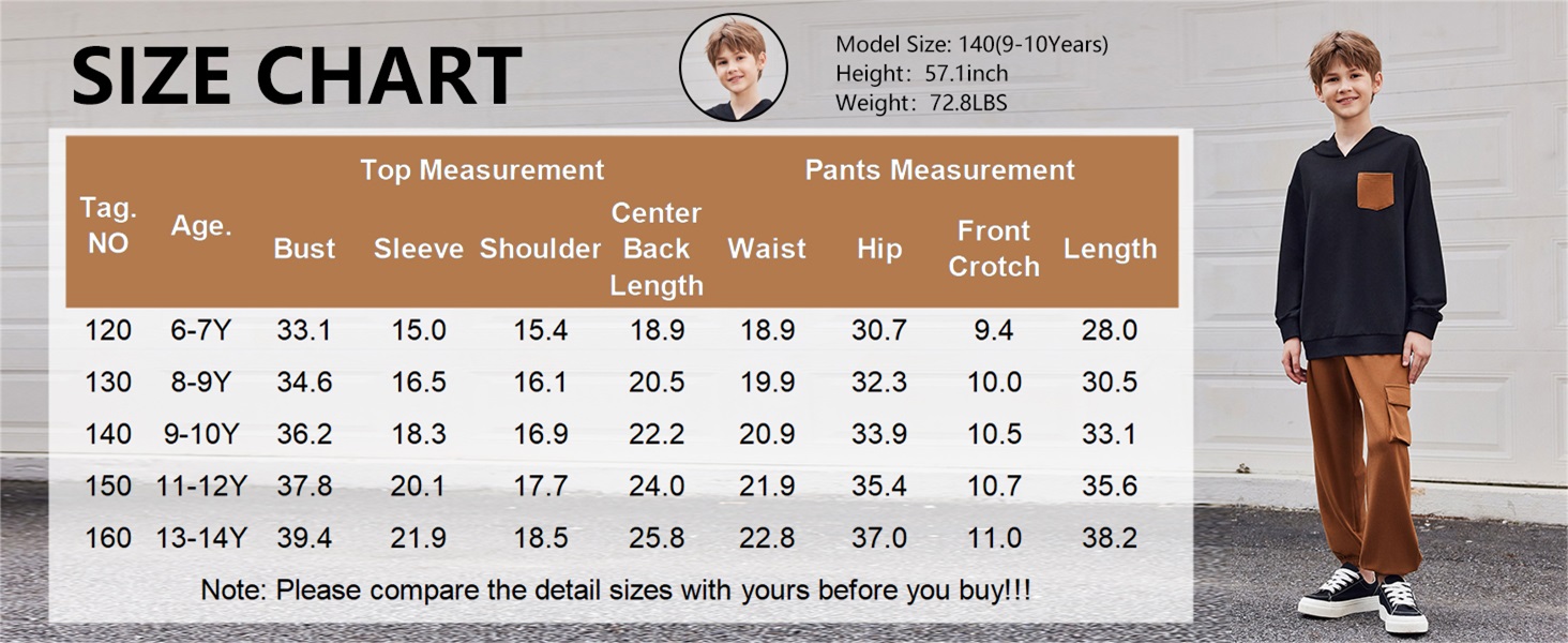Hoodie and pants set size chart