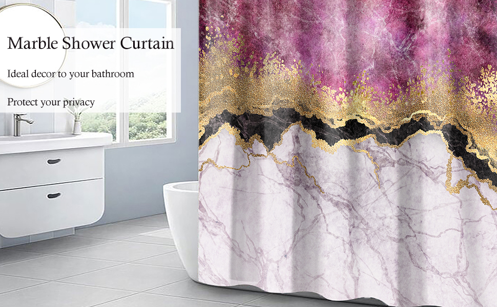 Marble Shower Curtain, Pink Marble Shower Curtain Set, Abstract Luxury Mauve Purple Gold Glitter