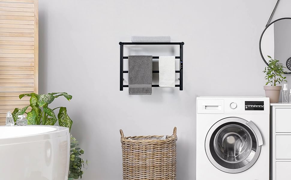 MyGift Premium Hotel Series Wall Mounted Black Stainless Steel Electric Bath Towel Warmer Rack LED