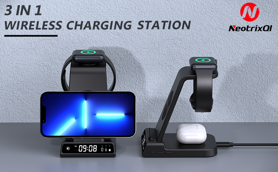 Wireless Charger, 3 in 1 Wireless Charging Station with Clock for i Phone 14 Pro Max 13 Pro