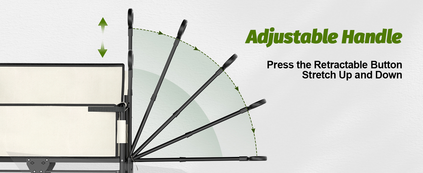 Diagram showing adjustable handle mechanism for a product. Handle positions fan out, with text indicating 'Press the Retractable Button Stretch Up and Down' for adjustment.