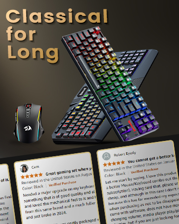 Text includes 'Classical' and 'Long'. Gaming keyboard with RGB backlighting shown from multiple angles, alongside product reviews.